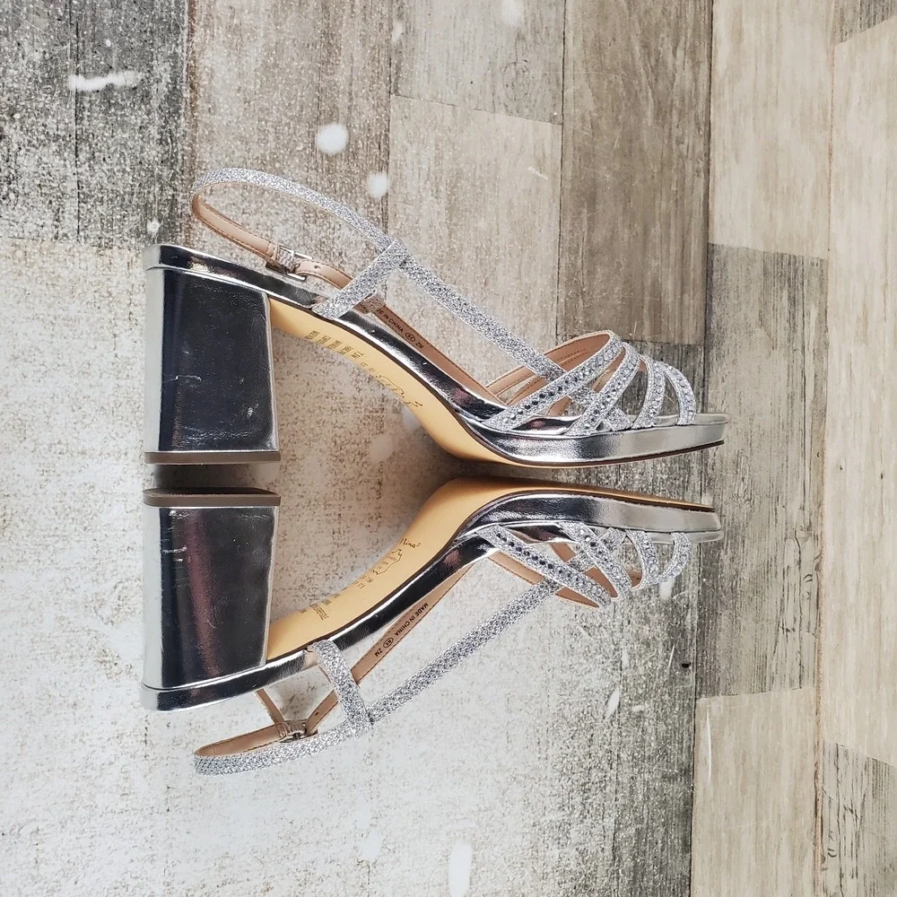 Nina Blanche Womens Sandals Sz 7.5 M Silver Rhinestone Slingback Block Heel